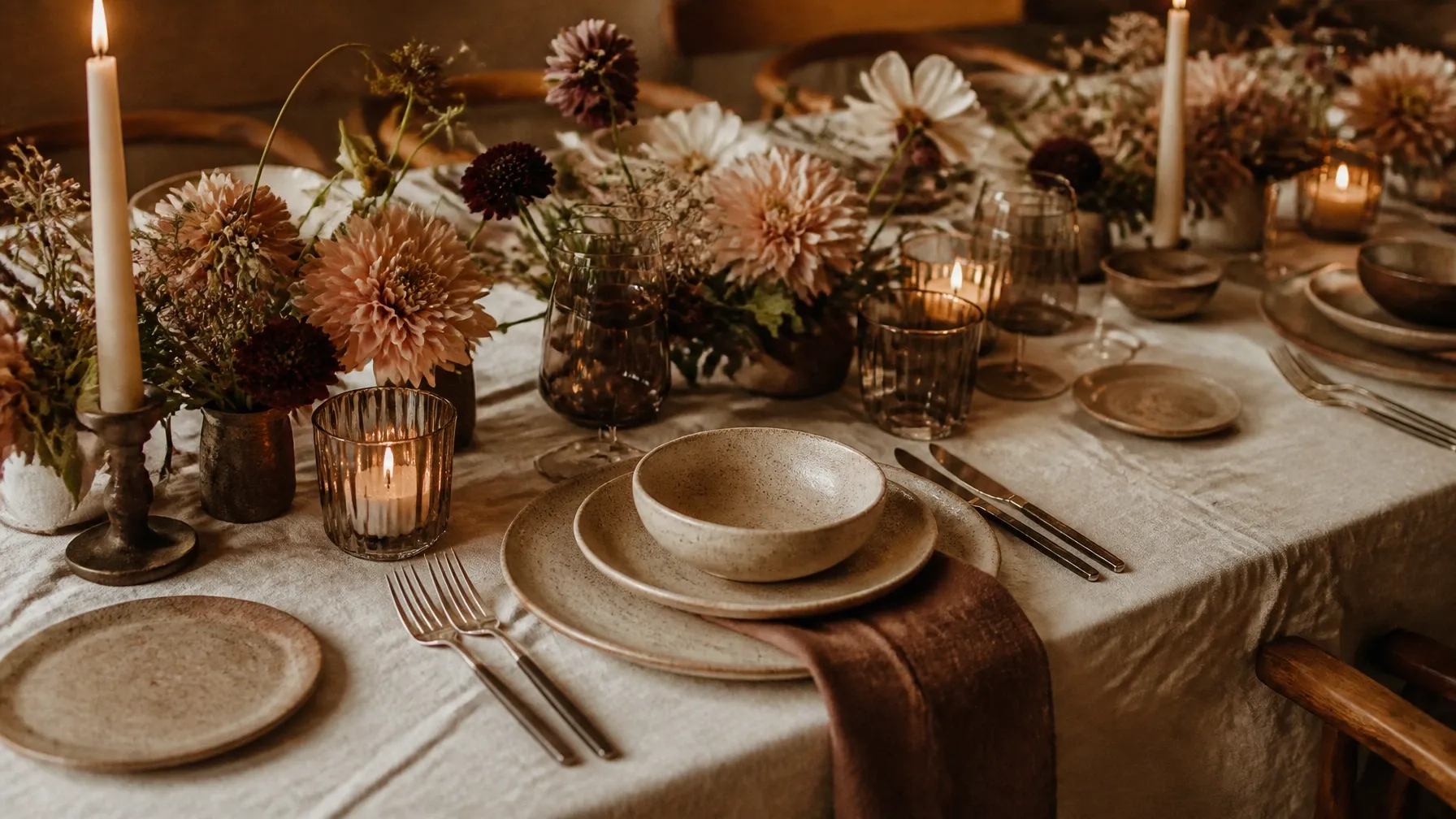 A candlelit wedding table styled with seasonal flowers and place settings