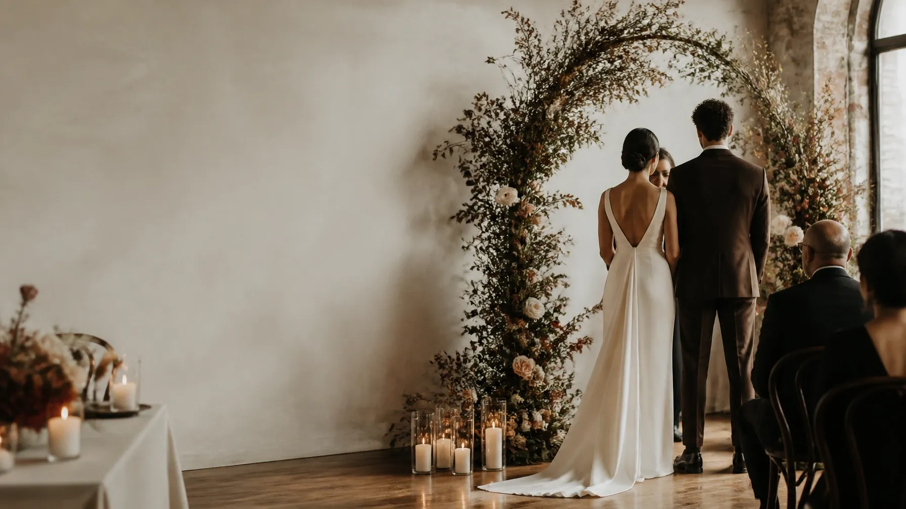 An intimate wedding ceremony beneath a warm floral arch